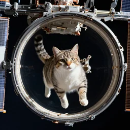 Photo of a cat floating inside the International Space Station, highly-detailed 4K award-winning