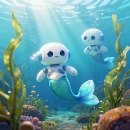 cute mermaid robots swimming through sea grass and kelp with light rays underwater