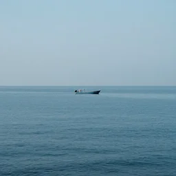 a wide angle photo of a lonely boat on the calm ocean, award winning picture, fujifilm