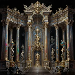 baroque neoclassicist heavenly halls of creation decorated with sci - fi colorful chrome textures. reflective detailed textures. gloomyatmosphere, black background. highly detailed fantasy science fiction painting by james mccarthy, moebius, norman rockwell, frank frazetta, and syd mead. high contrast. artstation