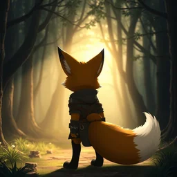 a medieval anthropomorphic fox with a fluffy tail in a forest, backlighting, dramatic lighting, cartoon, furry art, fursona, cgi