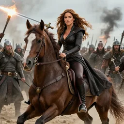 sofia vergara riding a stallion, dressed in fantasy garb like in Dino De Laurentis Conan movie, with lighting shooting out of the blade, destroying hoards of vikings, Arsen Lupin as a Paladin, D&D, Gloomhaven, matte painting concept art, art nouveau, beautifully backlit, swirly vibrant color lines, fantastically gaudy, aesthetic octane render, 8K HD Resolution, by ilya kuvshinov and Cushart Krentz and Gilleard James
