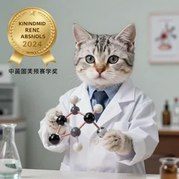 A photography of a kitten dressed in a lab coat holding a model of a molecule, award winning photo