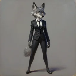 oil painting of full body of anthromorphic female wolf, in style of zootopia, zootopia, zootopia, fursona, furry, furaffinity, 4 k, deviantart, furry art, fursona art, wearing black business suit, business suit, in style of zootopia, wolf fursona, cyberpunk, female, expressive detailed feminine face,