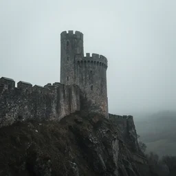 a single stone medieval castle tower on a cliff side, dense fog, rain, moody, low key, desaturated colors