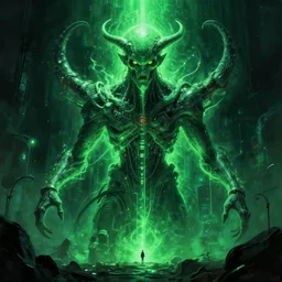 poster style, a beautiful and terrifying painting with high details a digital portrait of lovecraftian tech god, green neon cyber cthulhu, cyber noir, movie atmosphere, movie lights, 8 k, light effect, rtx on, trending on artstation, by kilian eng, lee madgwick, bastien lecouffe - deharme
