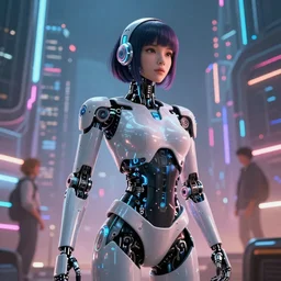 hyper detailed ultra sharp of a beautiful woman robot, futuristic city with neon lights in the background, sky sended by god. behance hd by jesper ejsing, by rhads, makoto shinkai and lois van baarle, ilya kuvshinov, rossdraws radiating a glowing aura global illumination ray tracing hdr, 8 k