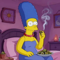 Marge Simpson in her bedroom stoned, smoking weed, marijuana, spiritual lsd trip, trending on cgsociety and unreal engine, light effect, highly detailed, super wide angle, full f/22, award winning photo, hyperrealistic, smooth textures, trending on artstationhq, headshot