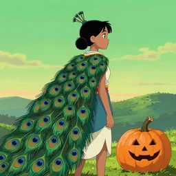 pocahontas dressed with peacock clothes, black hair, profile, green sunset, howl and pumpkin next to main character, vibrant palette, trending on artstation, anime