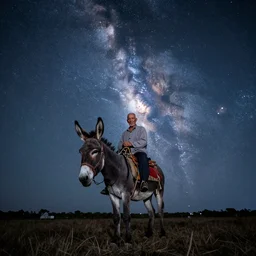 an elderly man riding a donkey, milky way background, astrophotography, bold natural colors, national geographic photography, masterpiece, 8 k, raw, unedited, symmetrical balance