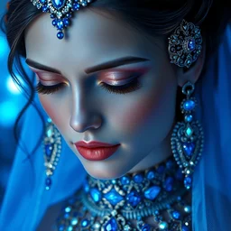 photo of princess of sapphire with fair skin, she has her eyes closed, glowing, ornate and intricate blue jewelry, jaw dropping beauty, glowing background lighting, blue accent lighting, hyper detailed, award winning photography, 4 k octane render