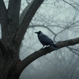 cinematic shot of a crow at tree, moody scene from being john malcovich directed by charlie kaufman ( 2 0 0 1 ), foggy volumetric light morning, anamorphic lenses, kodak color film stock
