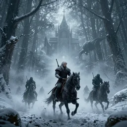 the wild hunt, spectres of the night, otherworldly wraiths, bad omens, riding, blizzard chaotic storm, enchanted forest, fog, snow, ice, dreamy, witcher 3, cinematic, breathtaking, vfx, octane, arnold, physically based rendering, unreal 5, cgi, concept art, fan art, trending in artstation, 8 k, uhd, dark fantasy