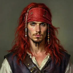 portrait of a young ruggedly handsome but charming pirate, male, masculine, upper body, red hair, long hair, d & d, fantasy, soft lips, intricate, elegant, highly detailed, digital painting, artstation, concept art, matte, sharp focus, illustration, art by artgerm and greg rutkowski and alphonse mucha