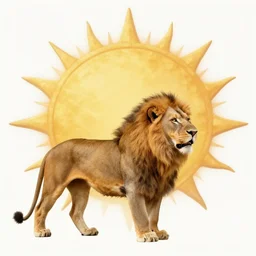 realistic lion swallows stylized sun, alchemical image,