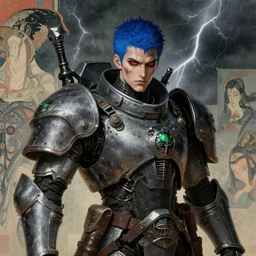 portrait of gothic and futuristic young man, warhammer, cyber armor, a lot of scars, thunderstorm, blue head, red eyes, some green, the middle ages, highly detailed, artstation, in the style of moebius, jugendstil and classic japanese print, art by rene magritte, jean delville