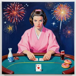 single man in a pink japanese kimono, sitting at an extremely detailed poker table with the detailed princess leia, sake, coca cola, donuts, on the table, fireworks and stars on the background, by andy warhol, canvas, acrylic paint, cool color palette, masterpiece, 4 k, ultra - hd