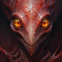 close up sci - fi cosmic horror art simon stalenhag reptile eyes, red amber and diamond skin, elegant, highly detailed, centered, digital painting, concept art, smooth, sharp focus, illustration, artgerm, tomasz alen kopera, peter mohrbacher, donato giancola, joseph christian leyendecker, wlop, frank frazetta