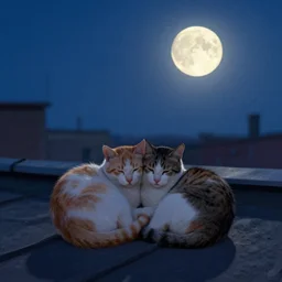 two cats curled up with each other on a rooftop under a bright moon light, in the style of ilya kuvshinov
