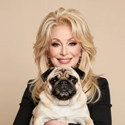 dolly parton holding a cute pug over her head, smile on her face