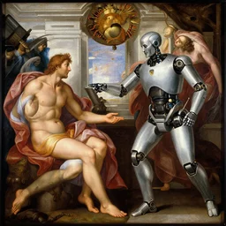 robotic god in the creation of adam, painting by michelangelo
