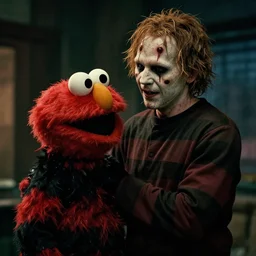 elmo finds out he has feelings for freddy krueger, ultra realistic cinematic quality, 8 k, hdr, super detailed, moody atmosphere, film noir but in full colour
