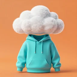 a cloud wearing a cyan hoodie, in front of an orange background