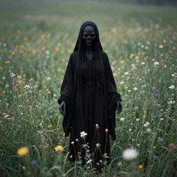 mystical black death god figure standing in tall meadow of flowers, dslr photo, grainy, high detail, high resolution