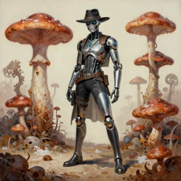 a cybernetic gunslinger, fungal farms, matte oil painting, retrofuturistic, science fantasy, roguelike, rust, chrome, salt, lgbt, queer, rpg, epic, dungeons & dragons, sacred, sharp focus, award - winning, extremely detailed, 4 k, 8 k