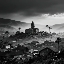 landscape of armenia quindio with houses and some wax palms, misty, digital art, flcl style, minimalist, japanese art, emo goth phone wallpaper