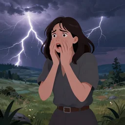 Illustration of the scared wonder woman, in a landscape with lightning and thunder, digital art, well detailed
