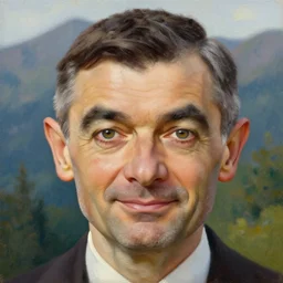 up close portrait of mr bean, face, gorgeous lighting and composition, award winning oil painting, mountain forest in background