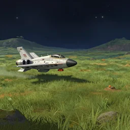 next to a small fighter spacecraft, on an alien grassland, from a space themed point and click 2 d graphic adventure game, set design inspired by ridley scott, art inspired by thomas kinkade