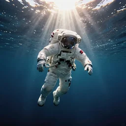 an astronaut floating horizontally in the middle of deep underwater being hit by sun rays, trending on art station, atmosphere, concept art, photo realistic, high detailed
