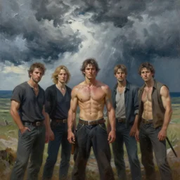 raijin. strong storm in the background. realistic, highly detailed, oil painting. by bowater charlie, mark brooks, julie bell, arian mark, tony sandoval