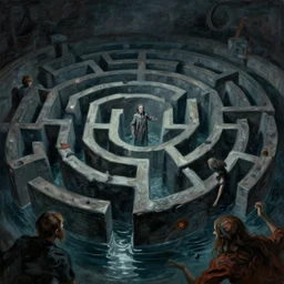labyrinth half filled with water, dynamic, scary, detailed, cinematic, dramatic lighting, by lucian freud