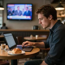 cinematic still of a man sitting in a coffee bar with a pastry, using his laptop, tv with the news on in the background