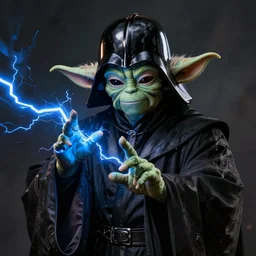 darth sidious with the face of yoda. in a hooded black robe. blue lightning coming from fingertips. he has the green face of yoda. lightning shooting from fingers.