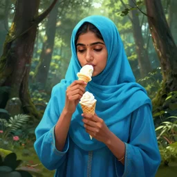 a giant young hyderabadi muslim american woman wearing a cyan blue niqab eating ice cream in the middle of a forest, concept art by max svabinsky, cgsociety contest winner, altermodern, concept art, apocalypse art, artstation hq