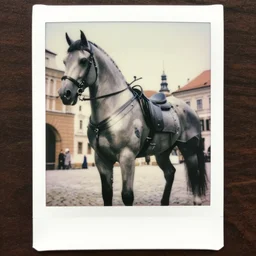 legnica. medium shot close up. armored cyborg horse!!, in legnica, full body, cinematic focus, polaroid photo, vintage, neutral dull colors, soft lights, by oleg oprisco, by thomas peschak, by discovery channel, by victor enrich, by gregory crewdson