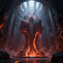 entropia of universe epic cinematic massive fractal megastructure in the temple monumental architecture lava textures on the walls : big light rays from the windows : hyper realism : dark energy : unreal engine : hyper realistic render : artstation : greg rutkowski : loish : ferdinand knab