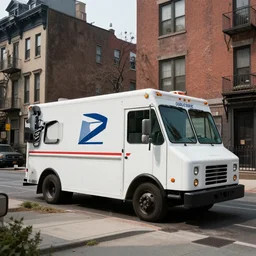 usps mail-truck house in an urban dystopian neighborhood