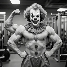 mcdonalds clown as a body builder, grayscale