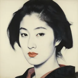 hyperrealism close - up portrait of a beautiful slavic woman, ivory background, in traditional japanese art style, pop art, by roy liechtestein, by andy warhol, canvas, acrylic paint, dark and dull palette