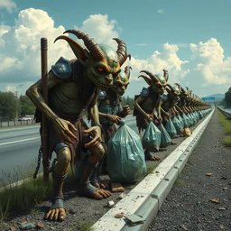 a chain gang of ankle - shackled goblins picking up trash on the side of the highway