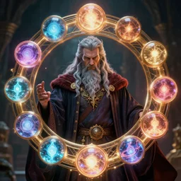 Portrait of a powerful wizard surrounded by a circular array of glowing elemental magic orbs, intricate details, photo realistic, award winning, dramatic lighting, intricate details, award winning, depth of field, UHD 8K. Rendered with autodesk arnold unreal engine octane render Lumion Blender Maxwell.