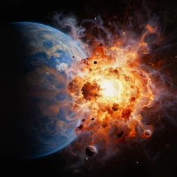 in the style of dean cornwell, planets : : exploding : : colliding in space realistic brutal hateful awe shock terror