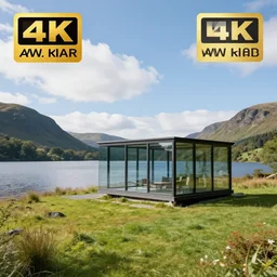 landscape photography, minimalist glass house lake district, summer, sunny, clouds, beautiful, 4 k, hd, award winning, professional
