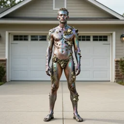 a human standing in his suburban garage, covered with iridescent bodypaint and barnacles