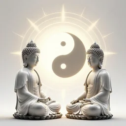 2 d techno buddah dreaming of the ying yang in front of concentric geometric radial sun portal with ancient wuji symbols embedded within it, ornate details, hyper realism, yoshitaka amano, alphonse mucha